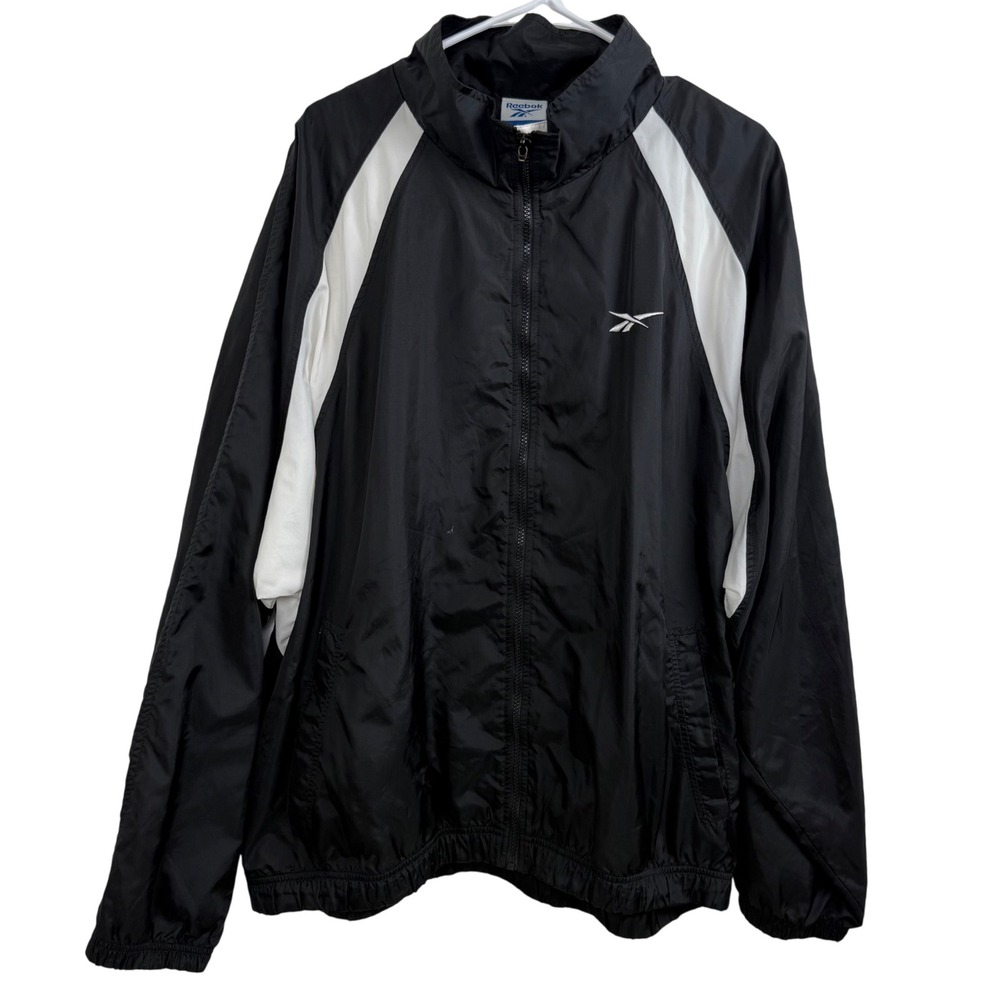 Vintage Reebok Windbreaker Jacket Black White Logo 90s Y2K Track Nylon XXL